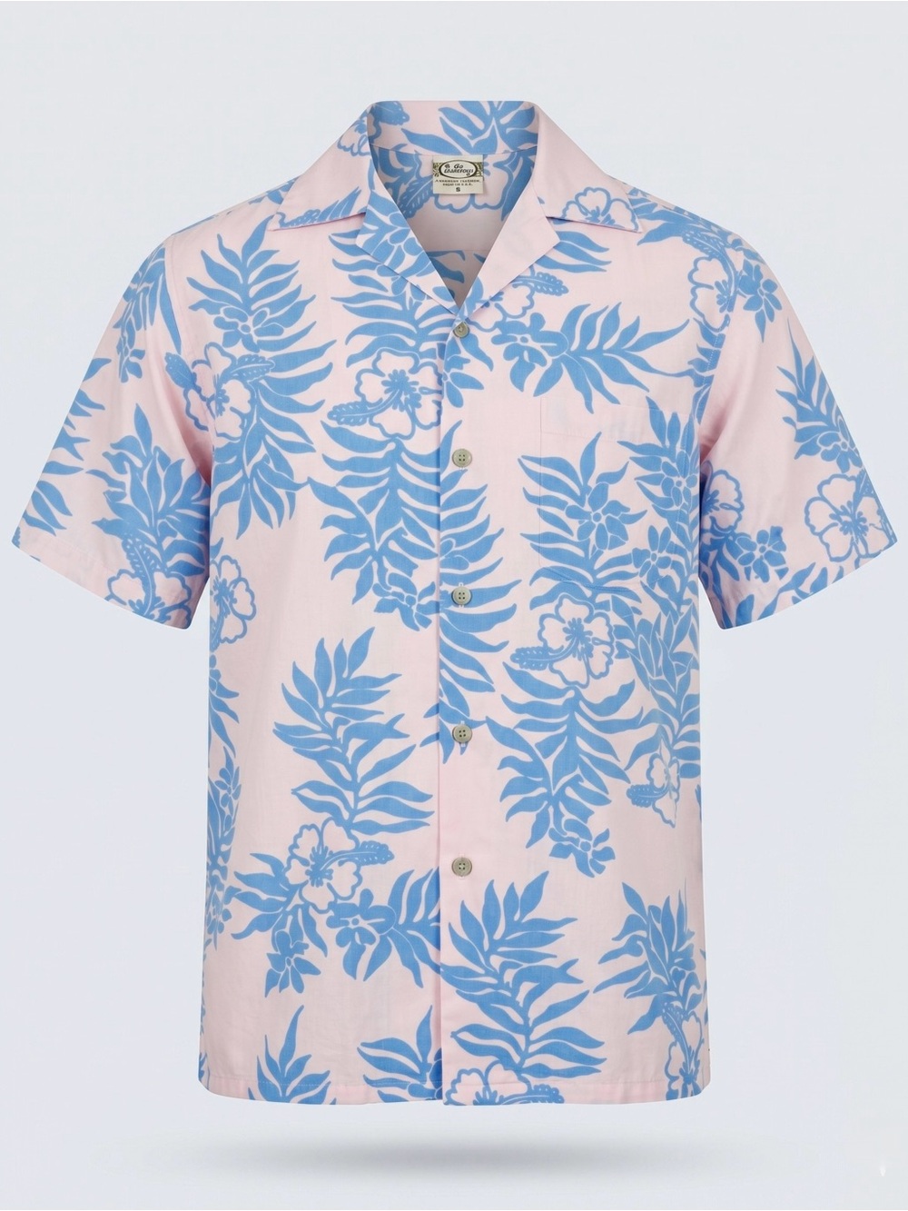 Go Barefoot USA Made Hawaiian Aloha Shirt S Pink Blue Floral Camp Collar